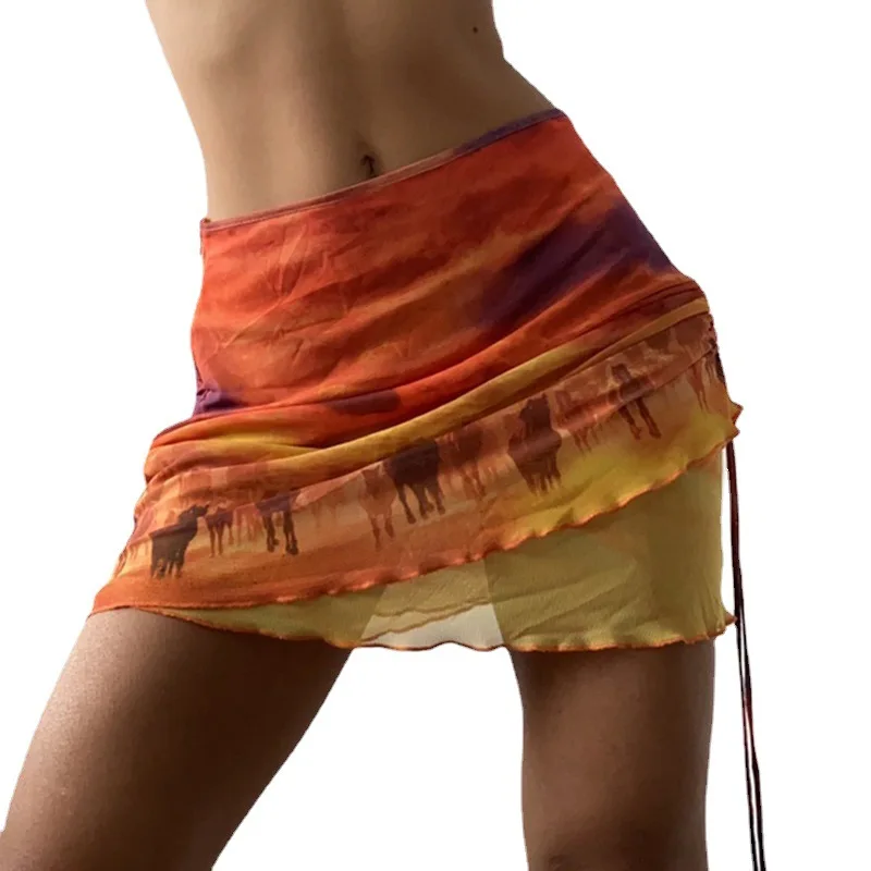 

Women Boho Beach Skirts Summer High Waist Floral Printing Ruched Slim Short Mini Skirt A-line Bottoms Party Vacation Female