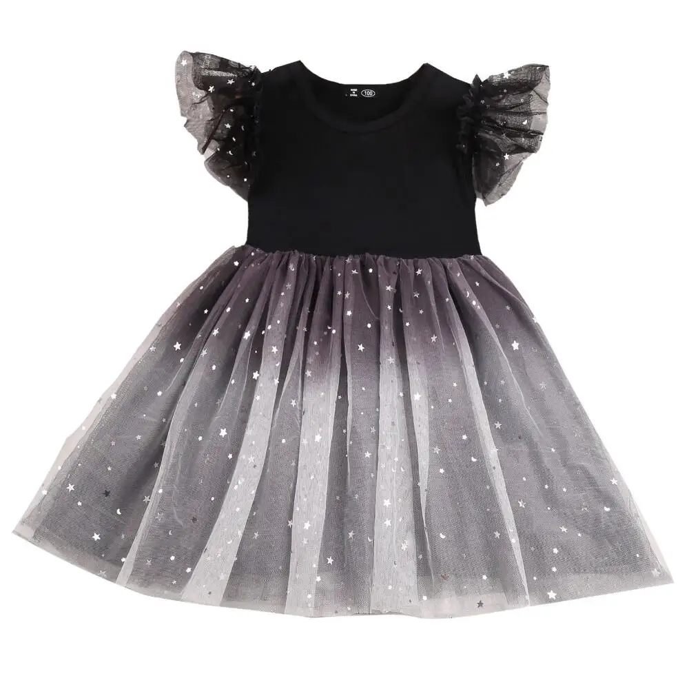 Градиент Цвет черные блестящие звезды одежда для девочек платье Летнее Детское