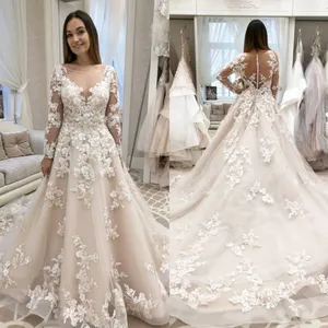 2020 Modest Long Sleeve Wedding Dresses A Line Lace Appliqued Garden Beach Wedding Gowns Custom Made Cheap Vestido De Noiva
