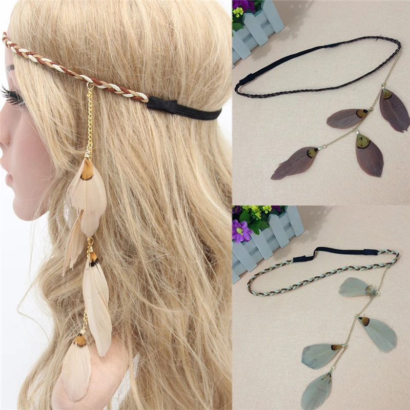 

Peacock Feather Headband Indian Hippie Bohemian National Wind Flow Su Fasheng Wooden Bead Hair Jewelry 1Pc