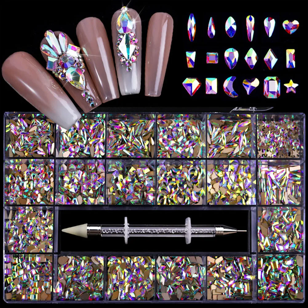 

1000Pcs/Box Mixed AB Glass Crystal Diamond In Grids 21 Shape And SS4-SS20 Flatback Nail Art Rhinestone Set With 1 Pick Up Pen