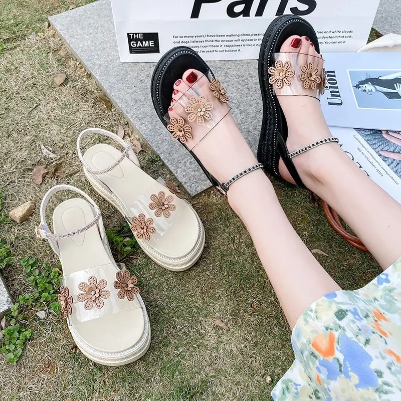 

Clogs Wedge 2021 Sandals Black Shoes for Women Summer Heels All-Match Platform New Beige Girls High Clear Rhinestone Fashion Bea
