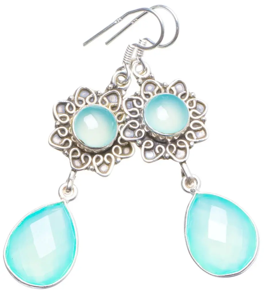 Натуральный халцедон ручной работы уникальный 925 пробы серебряные серьги 2 25