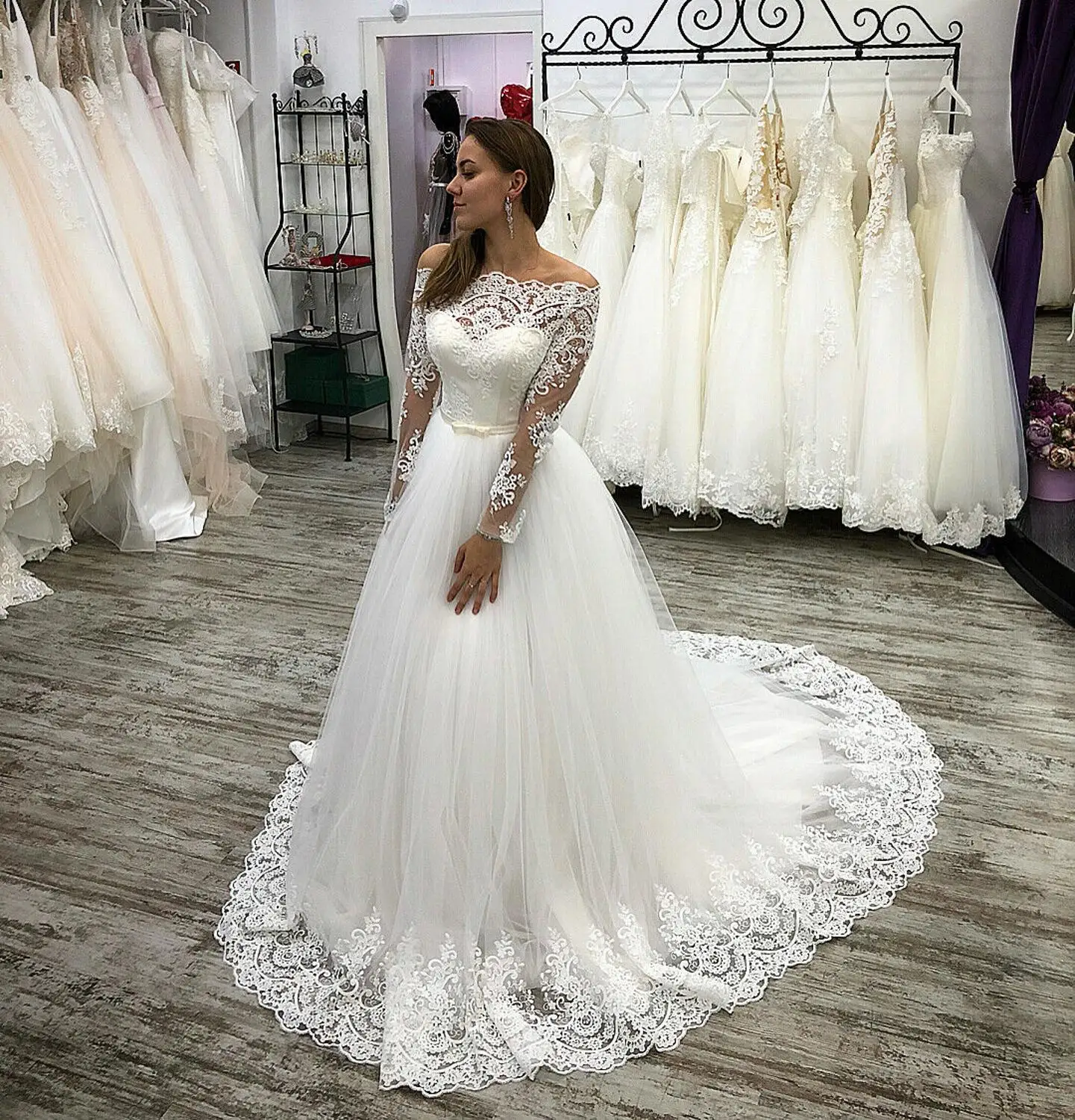 

Simple Wedding Dress Wedding Gowns 2021 Mariage Bride Dress A-line Long Sleeve Tulle Lace Elegant Custom Made FR08