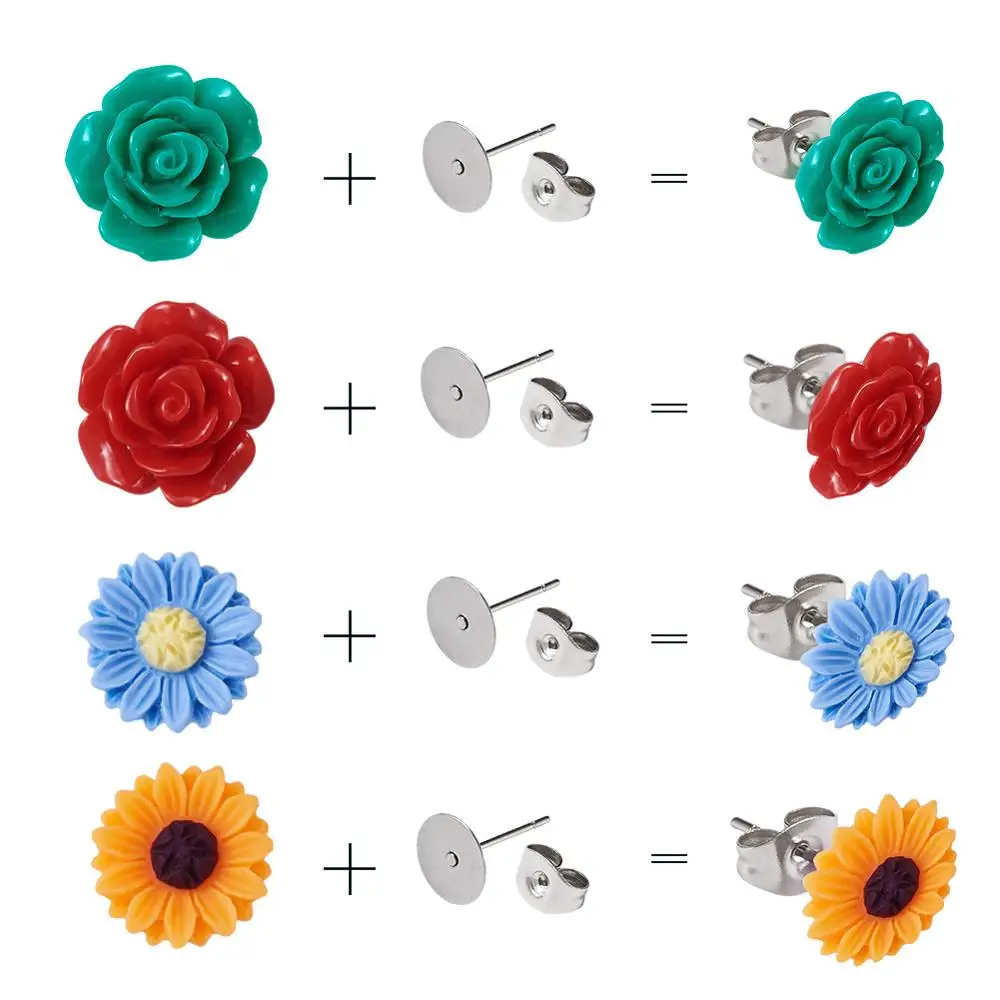

DIY Earring & Ring Making with Cabochons Ear Nuts Iron Pad Ring Base Findings Flower for Jewelry DIY Making Mixed Color