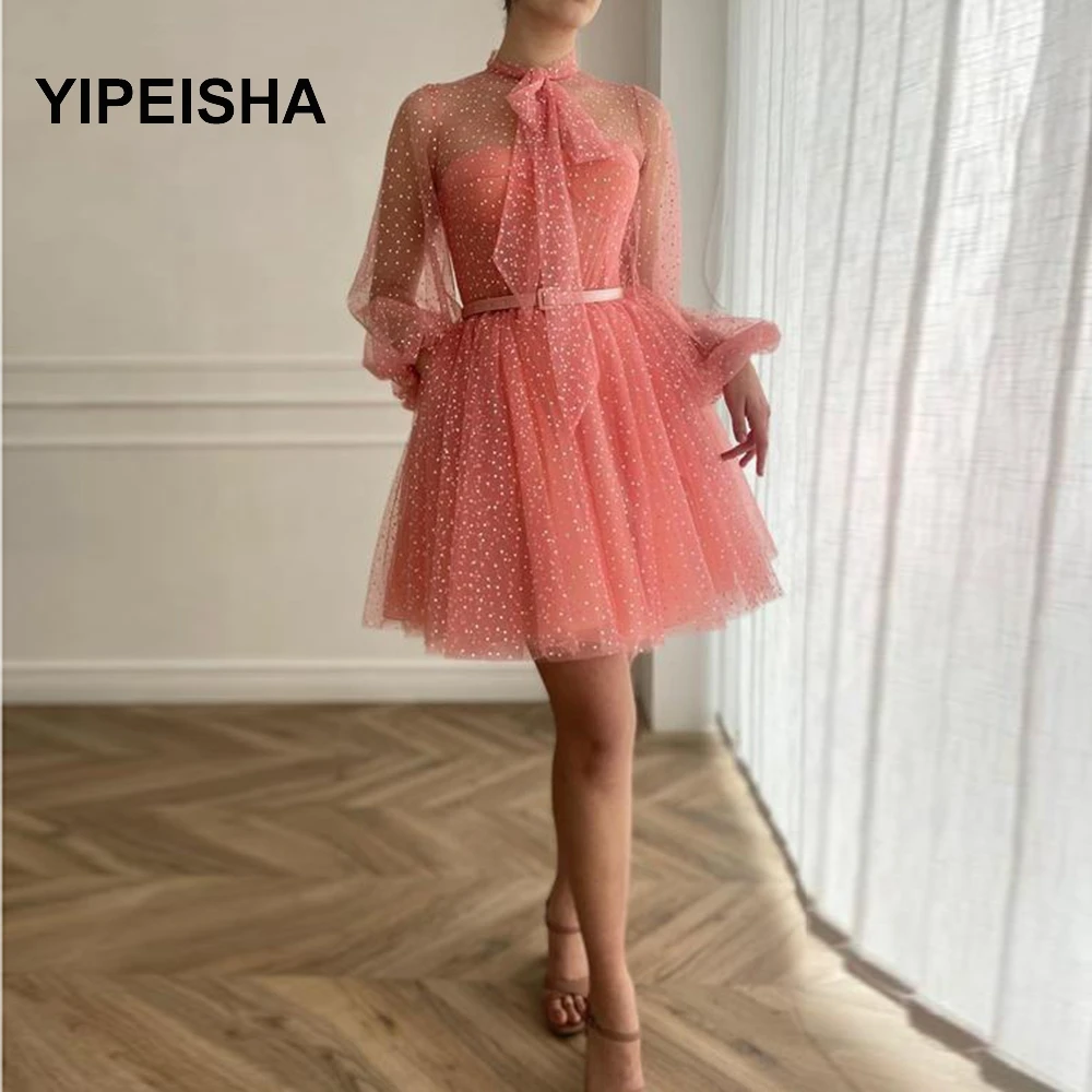 

Блестящие Ярко-розовые платья для выпускного вечера платье с фатиновой юбкой, платье мини с короткими пышными рукавами для девочек вечерни...
