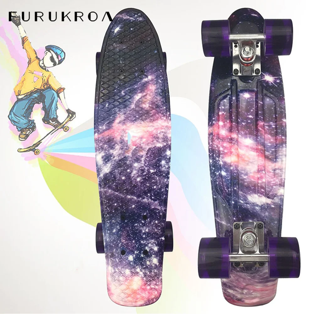 22inch Skateboard Small Fish Boards 4 Wheel Galaxy Printing Board LED Flashing Wheel Street Skate Board Mini Longboard X469B
