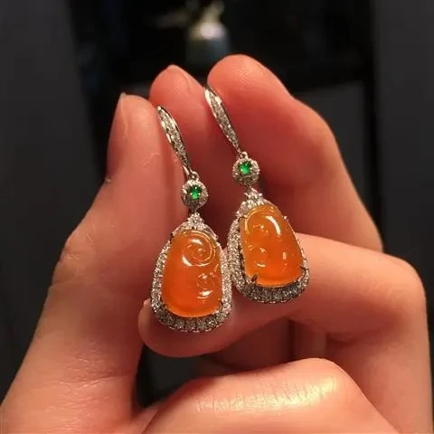 

Japanese and Korean New S925 Sterling Silver Water Drop Inlaid Earrings Eardrops Ice-like Chalcedony Yellow Jadeite Ruyi Retro