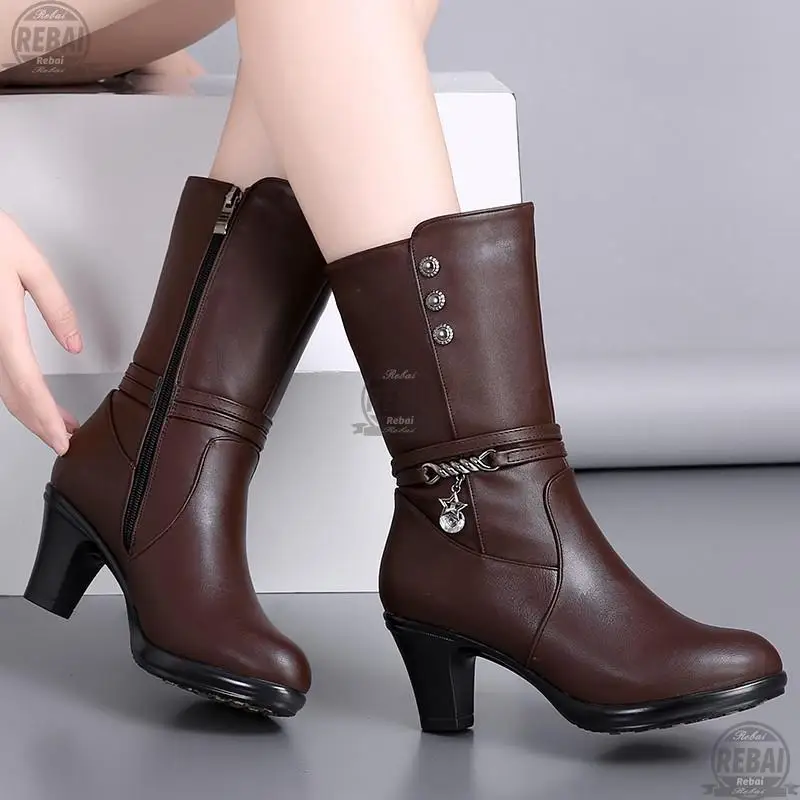 

2021 New Winter Footwear Genuine Leather Women's Boots Fashion Chain Wool Warm Boots Women High Heel Riding Boots Shoes Women