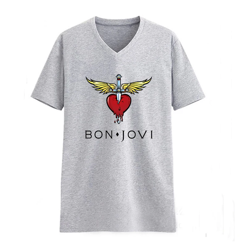 Мужская футболка с v образным вырезом bon jovi черная хлопковая Футболка графическим