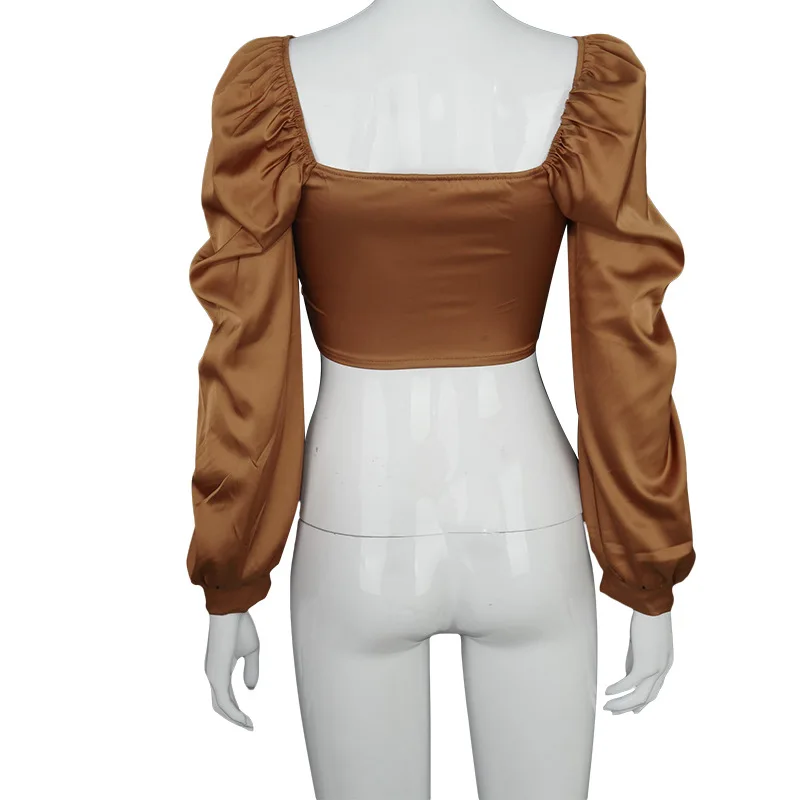 

2021 New Autumn Solid Color Vintage Women Shirts Puff Sleeve Sexy Square Neck Slim Front Bandage Satin Crop Top Clubwear