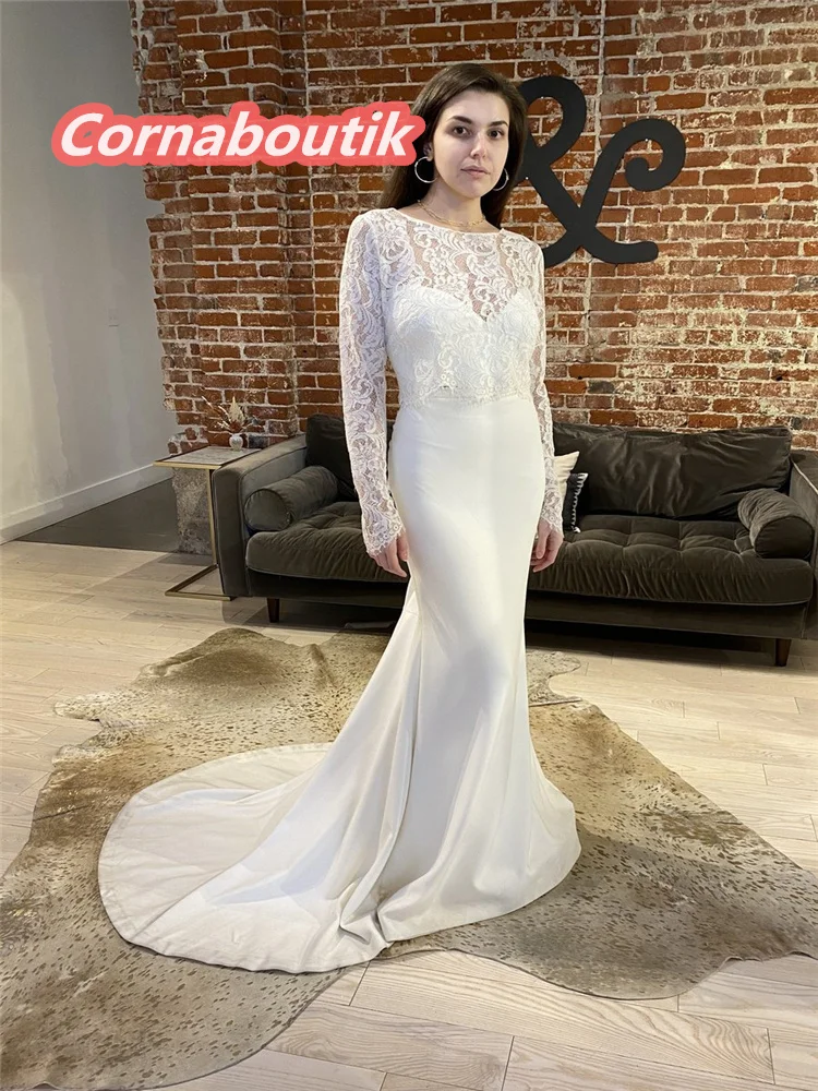 

Mermaid Wedding Dress COR-196Crepe Spaghetti Straps with Long Sleeves Lace Top Low Back Bridal Gowns Vestido Blanco Sweep Train