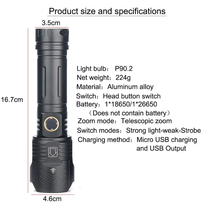 

Camping Outdoor Flashlight Waterproof Metal 18650 26650 Battery 5 Mode P90 LED Tourch USB Output Charger For Cellphone