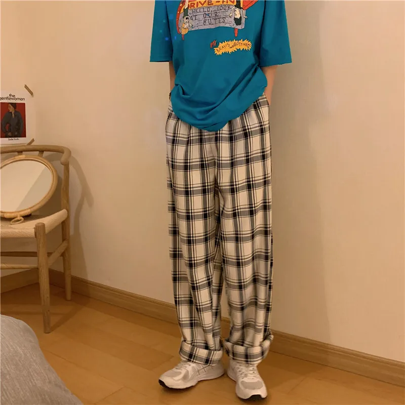 

GOOHOJIO Vintage Plaid Pants Elastic Waist Pants Women High Waist Oversize Wide Leg Pants Casual Female Korean Trousers Women
