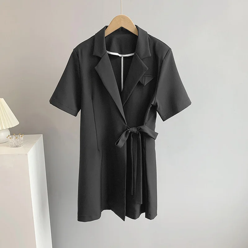 

Bandage Long Blazer Shirt Dress Women 2021 Summer V-neck Solid Color Women's Short Dresses