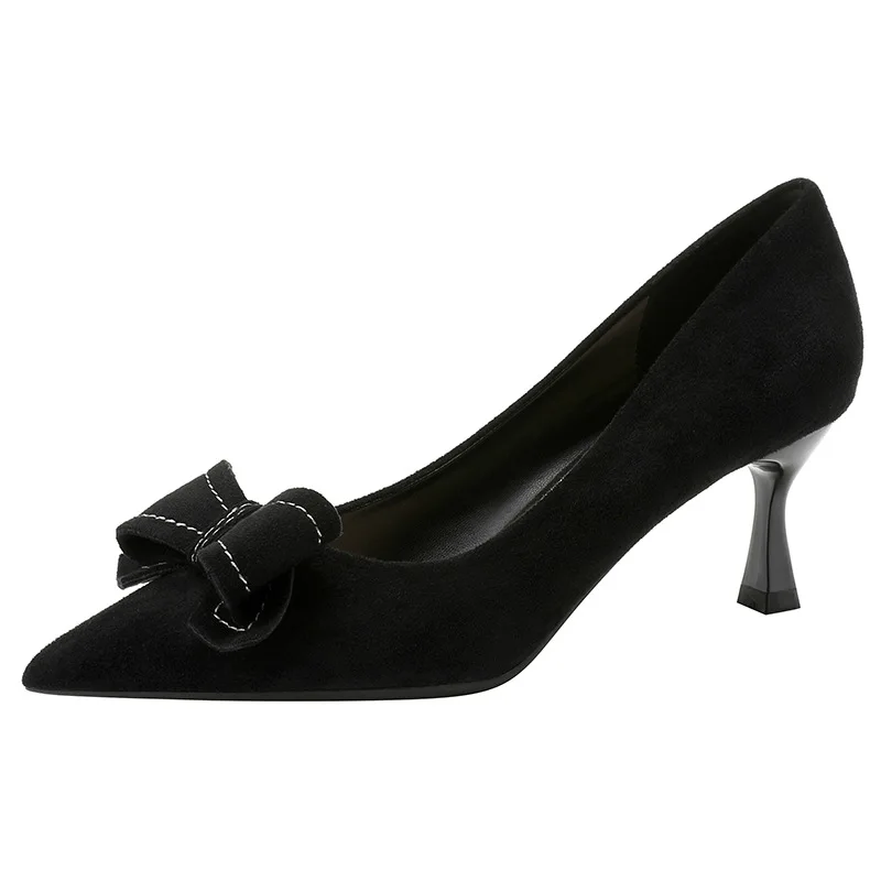 

4cm New Flock Leather Pointed Toe Spike Heels Bow Black Color Plus Size Women Shoes 41 42 43