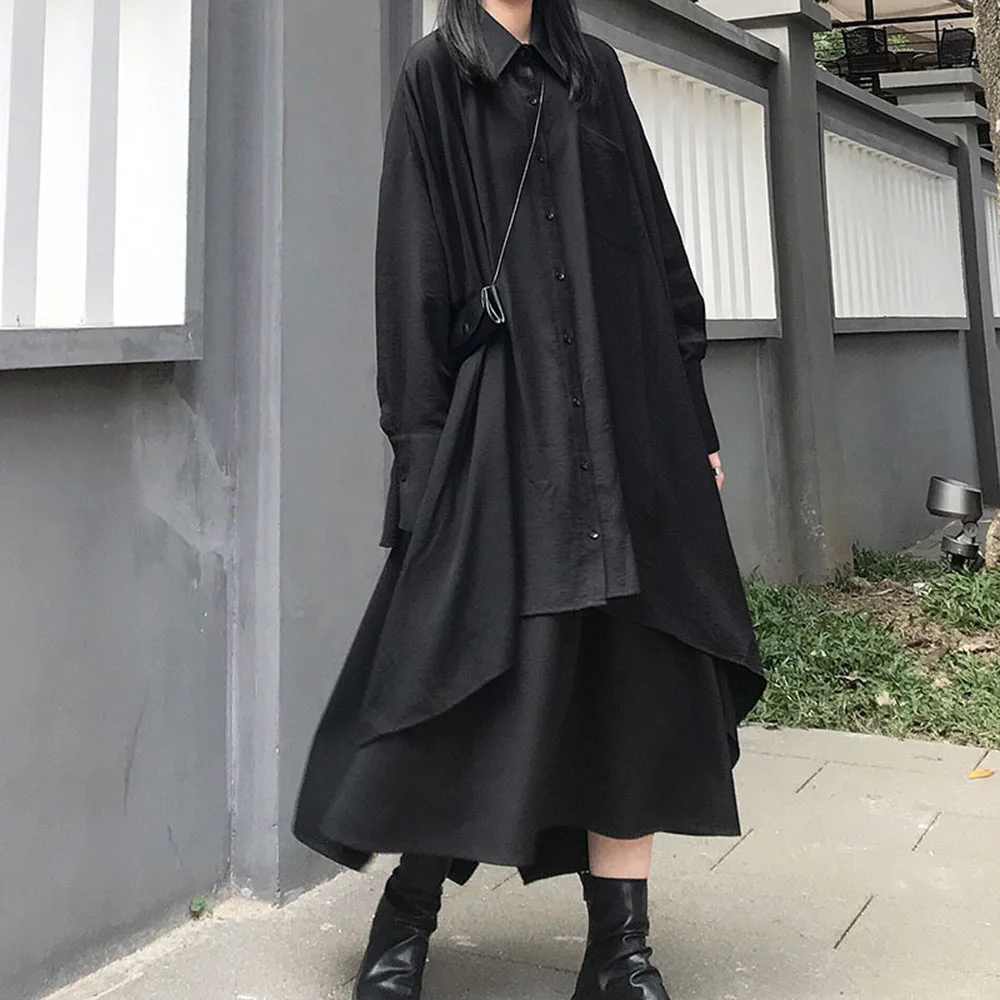 

Goth BF Style Women Oversize Shirt Dress Causal Long Sleeve Asymmetric Black Loose Punk Streetwear Fashion New 2021 Dresses