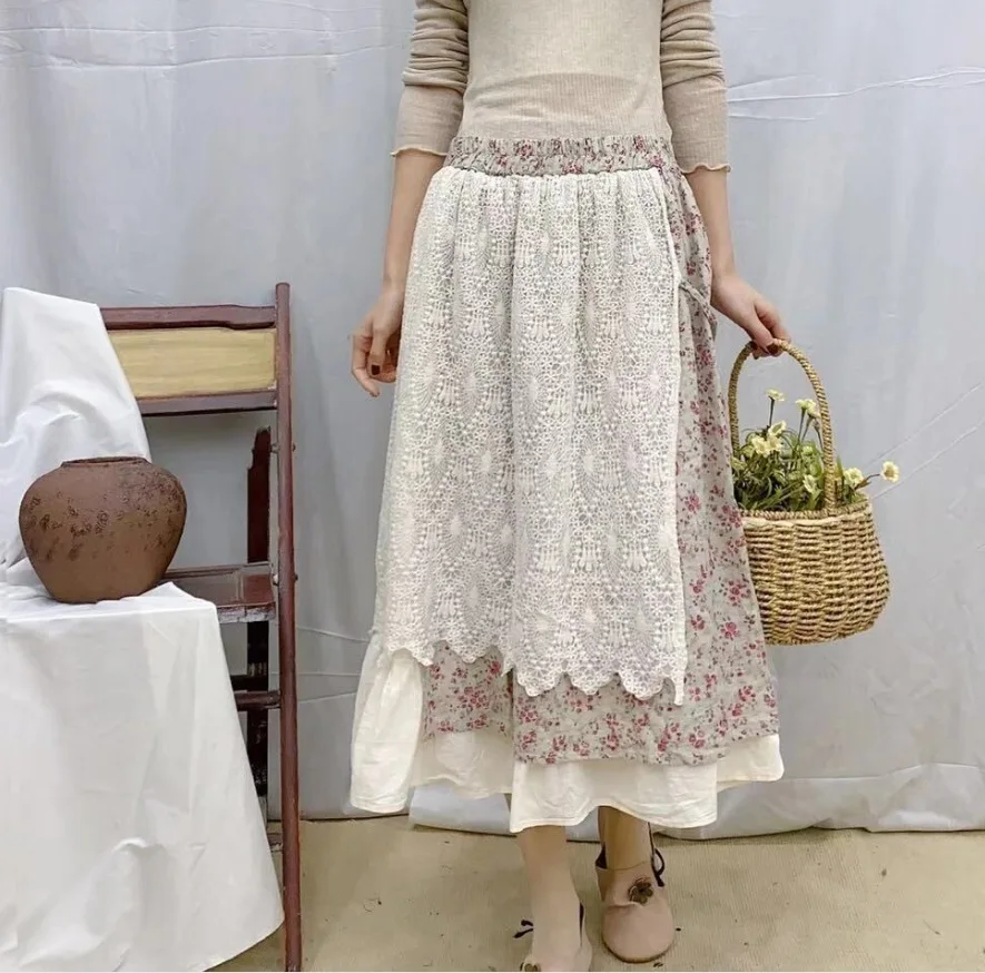 Женская льняная юбка с цветочной вышивкой Свободная Повседневная Длинная в
