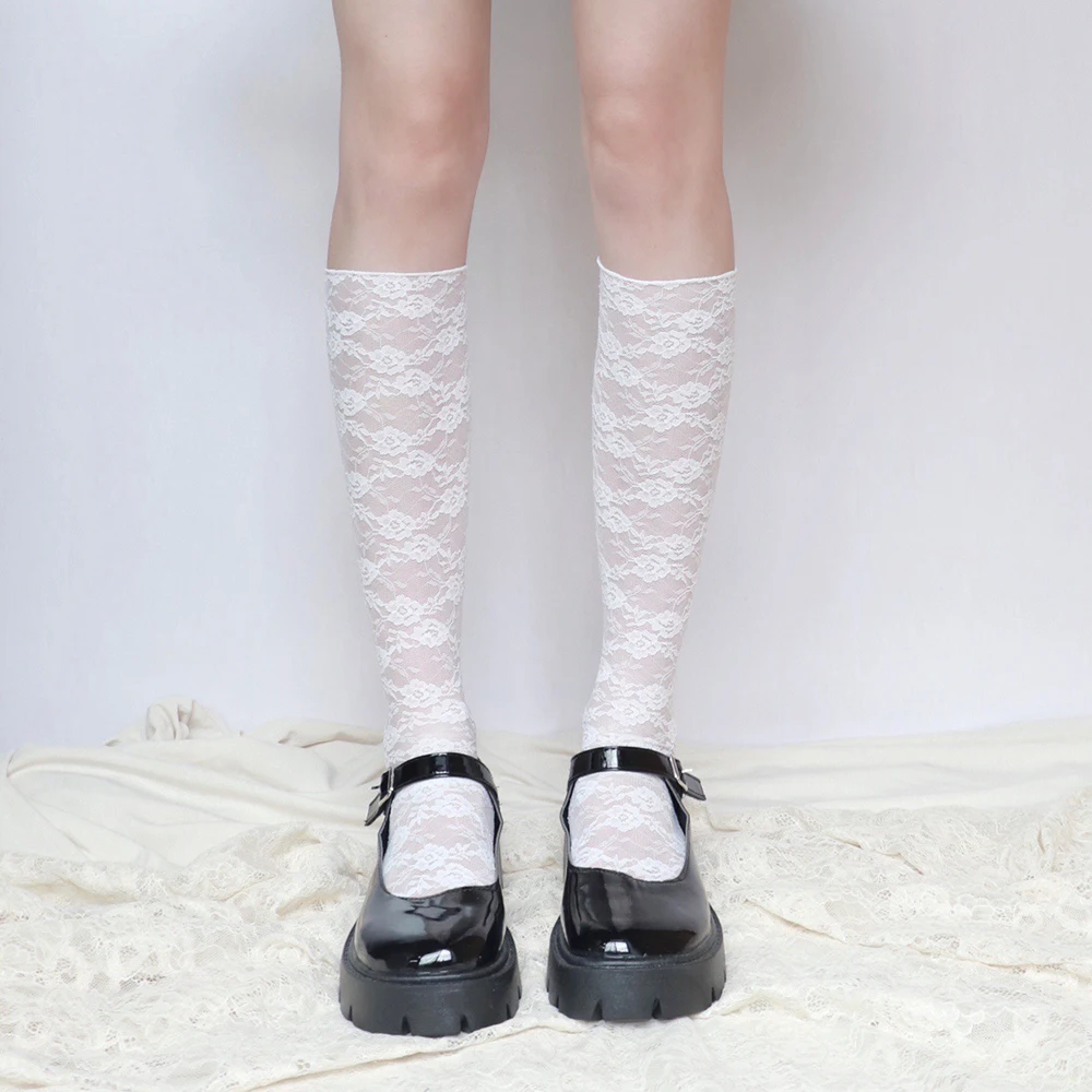 

Lolita Lace Socks Women Flower Stockings Jk Thin High Knee Socks Female White Black Long Socks Girls Dress calcetines media