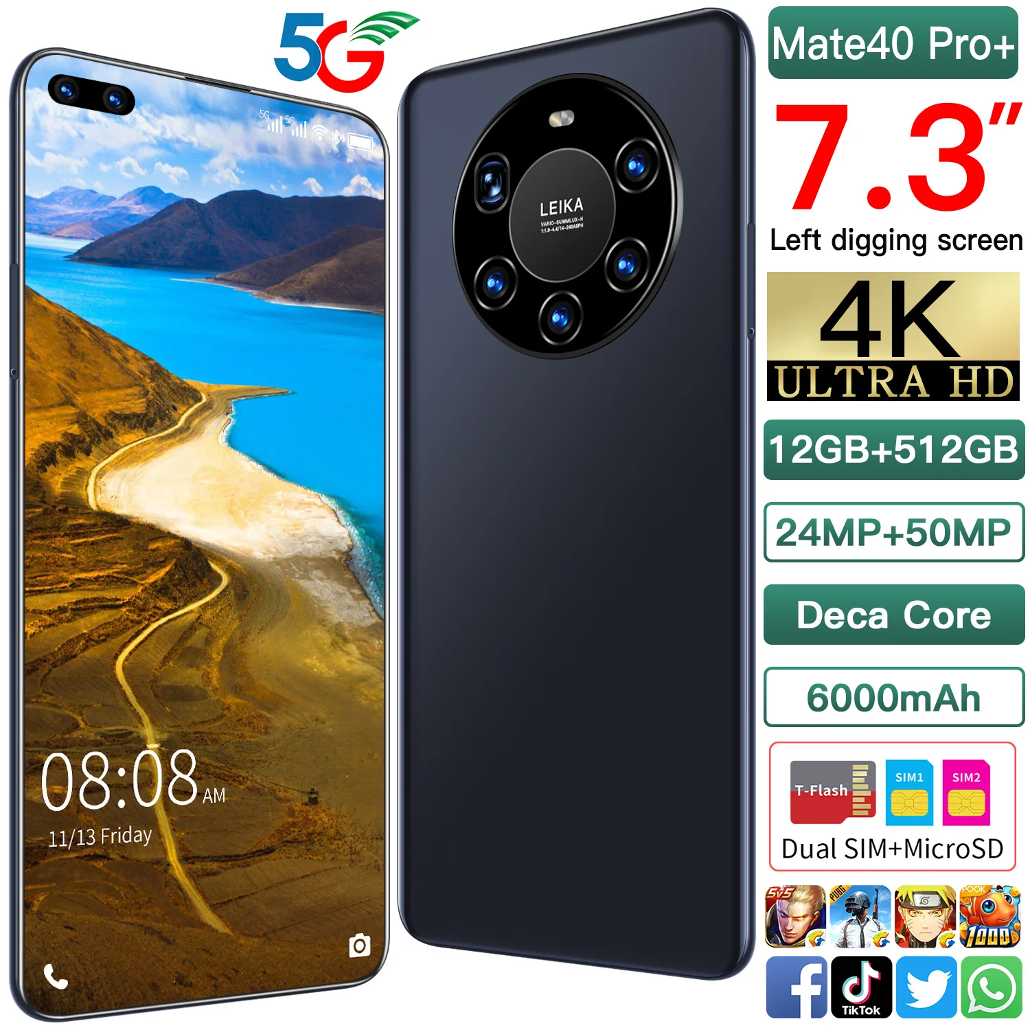 Новинка, 5,5-дюймовый смартфон с функцией изменения модели телефона Mate40 Pro, 10000 ГБ, 7,3 ГБ, 512 мАч, смартфон MTK6889, 24 МП, 50 МП, десять ядер, распознавание лица