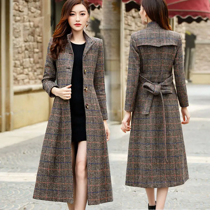 dark brown Модное клетчатое шерстяное пальто для женщин, осень и зима, женское длинное, темпераментное, тонкое, стоячий воротник, шерстяное пальто для мам f2349 - Color: dark brown