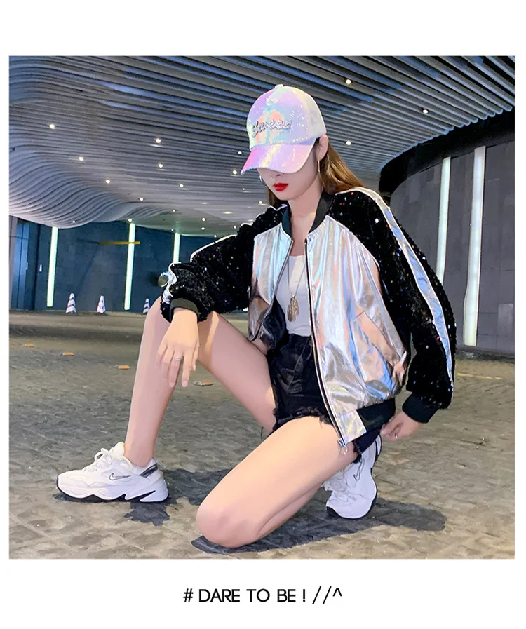 SilverPatchwork PU& куртка с блестками Топ Женская куртка осеннее пальто с блестками зимняя утепленная одежда на молнии Женская куртка для колледжа