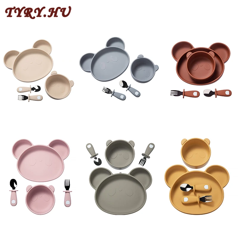 TYRY.HU-juego de platos de silicona para bebé, cuencos de comedor con forma de Panda de dibujos animados, platos de alimentación para bebé, cuenco, tenedor, cuchara, sin BPA, 4 unids/set