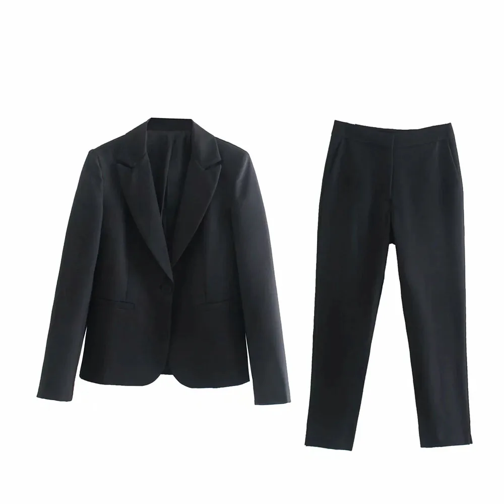 

DYLQFS 2021 Women Two-piece Set Black Vintage Office Lady Single Button Notched Blazer Female Casual Slim High Waist Pants Suits