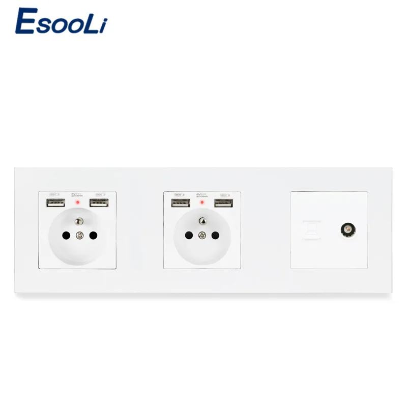 

ESOOLI PC Plastic Panel Double French Standard Socket with 4 USB Female TV Jack With Internet Computer Data RJ45 CAT5E