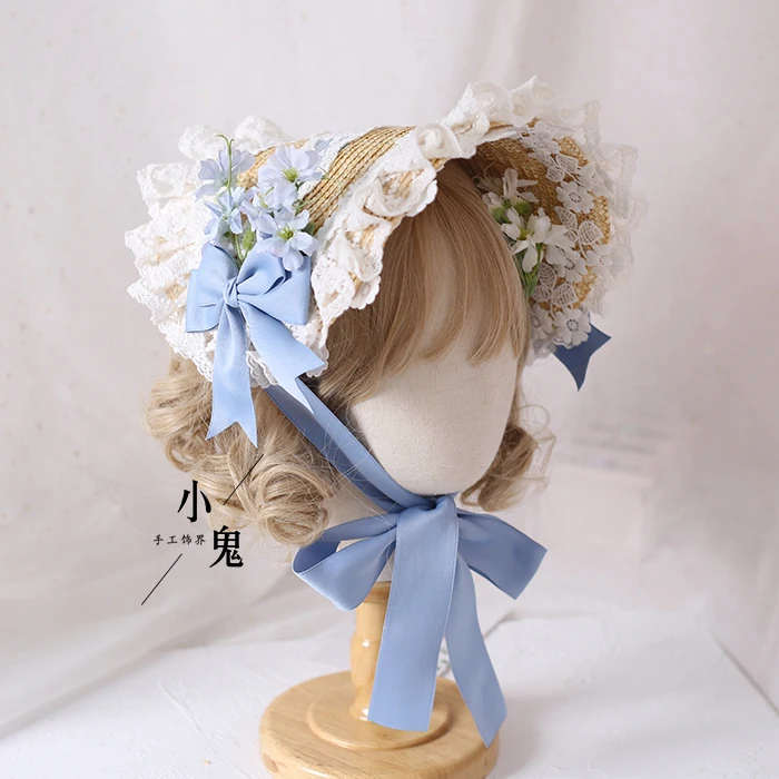 

Straw Hat Flat Cap Lolita Hand Gorgeous Elegant Tea Garden Multilayer Lace Knight BNT Cap