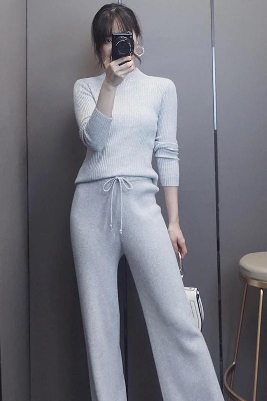 

Warm Cashmere Suit Women Slim Round Neck Striped Sweater Thick And Wide Leg Pants Two 95% 2020 Full Drawstring O-neck Winter