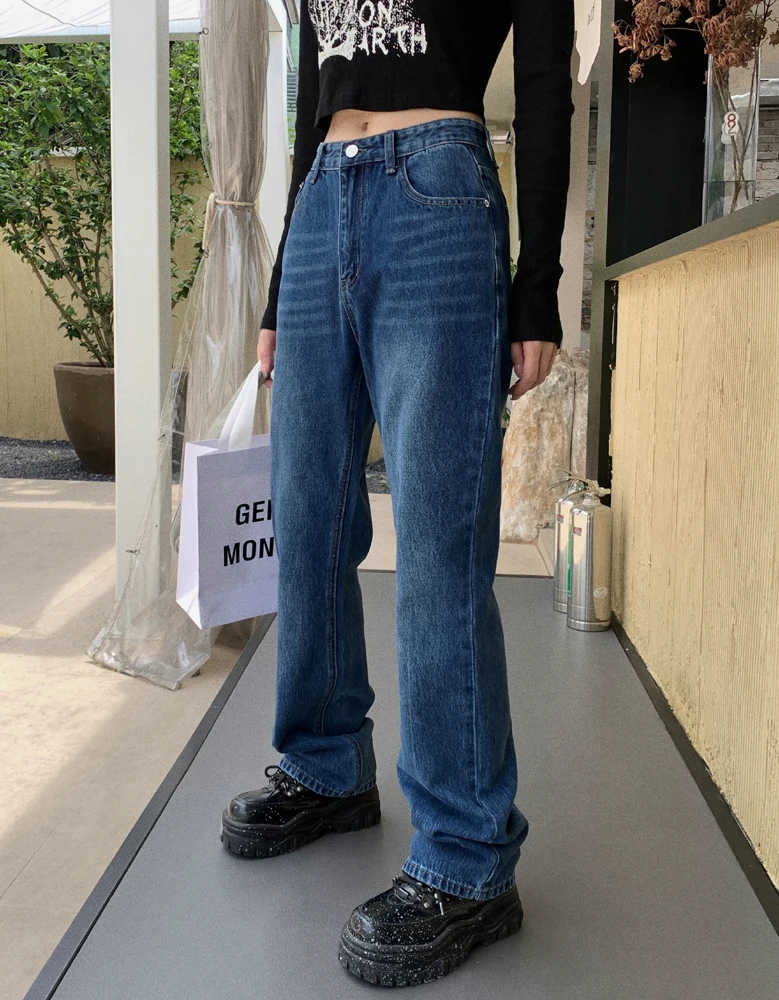 

Узкие женские джинсы с высокой талией и широкими штанинами, свободные прямые брюки с драпировкой в стиле ретро, Новинка осени 2021