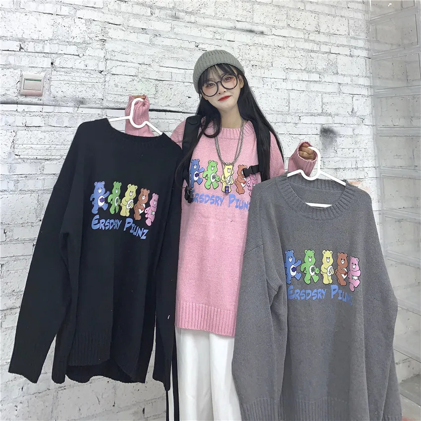 

Winter Women'S Sweater Rainbow Bear Print Winter Warm Fashion Sweater Harajuku Jacket Round Neck Long Sleeve Ladies Kawaii Tops
