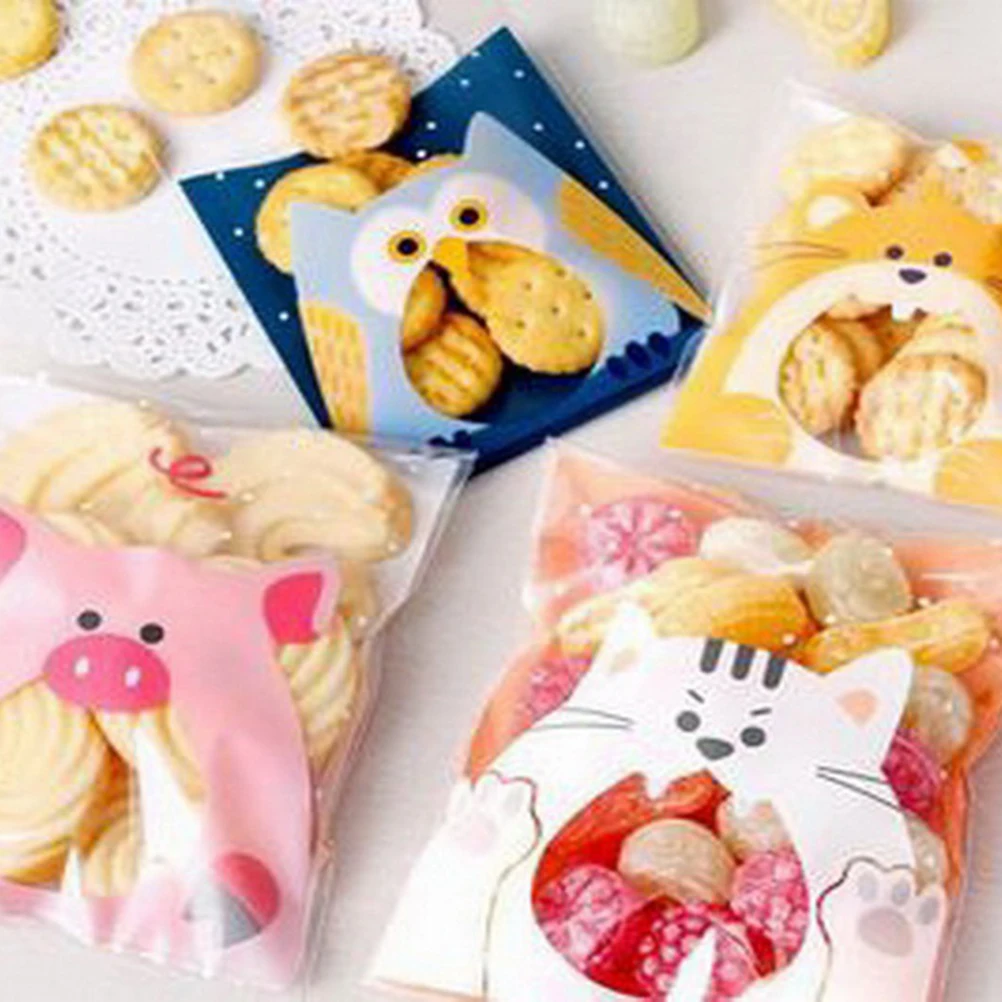 

100PCS Cute Animals Candy Cake Biscuits Cookies Packaging Bags Self-adhesive Plastic Gifts Bags Party Birthday Snack Baking