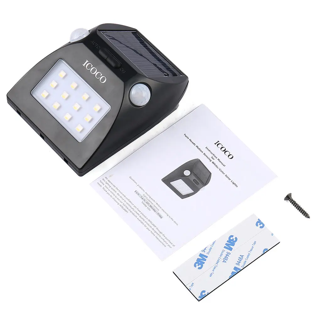 

Уличный датчик движения ICOCO на солнечной батарее, 12 светодиодов, широкоугольный дизайн с белым и красным цветом, регулируемая яркость, 2 голо...