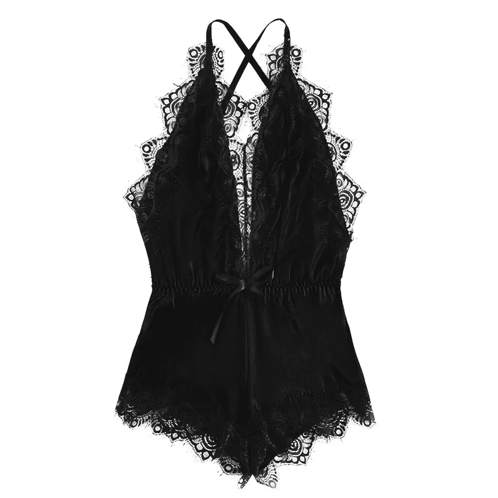Black Сексуальный комплект для сна с бюстгальтером, женское сексуальное нижнее белье, кружевной комбинезон-Пижама с v-образным вырезом, комплекты нижнего белья, ночная рубашка* S - Цвет: Black