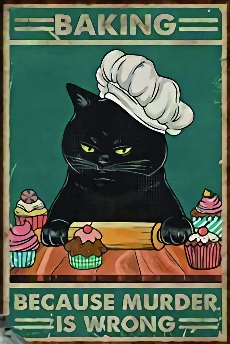 

Cat Signs for Front Door Black Cat Baking Because Murder is Wrong Cat Decorations for Birthday Party