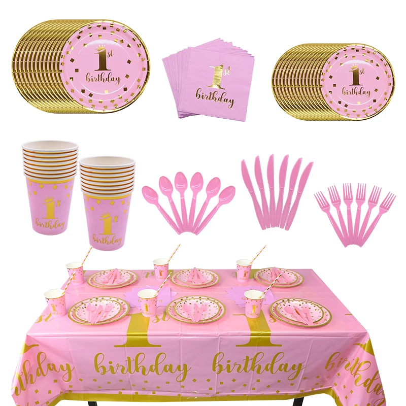 1st Birthday Party Supplies Pink Blue Paper Plates Cups Straws Disposable Tableware Banner Gender Reveal Baby Shower Party Decor
