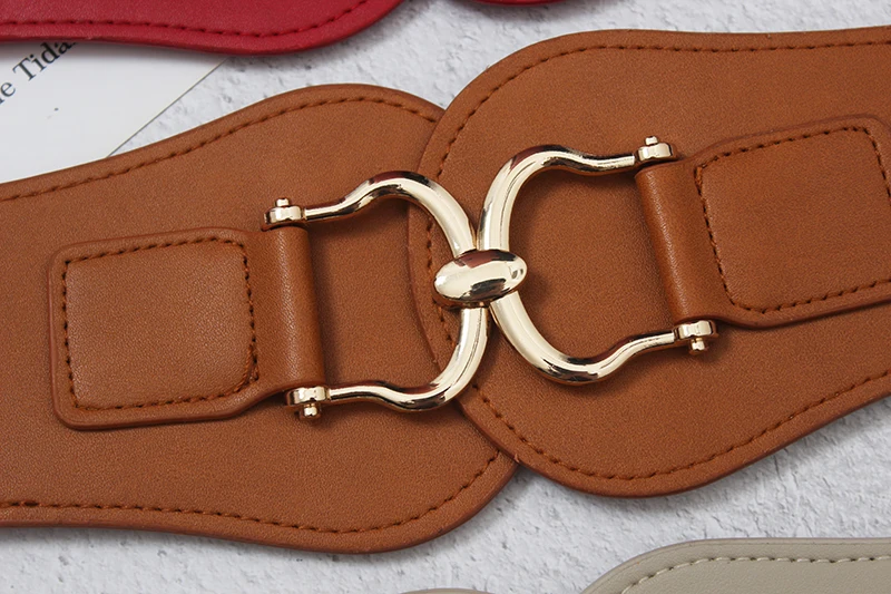 

[EAM] Pu Leather Camel Elastic Metal Buckle Wide Belt Personality Women New Fashion Tide All-match Spring Autumn 2021 1DD7069