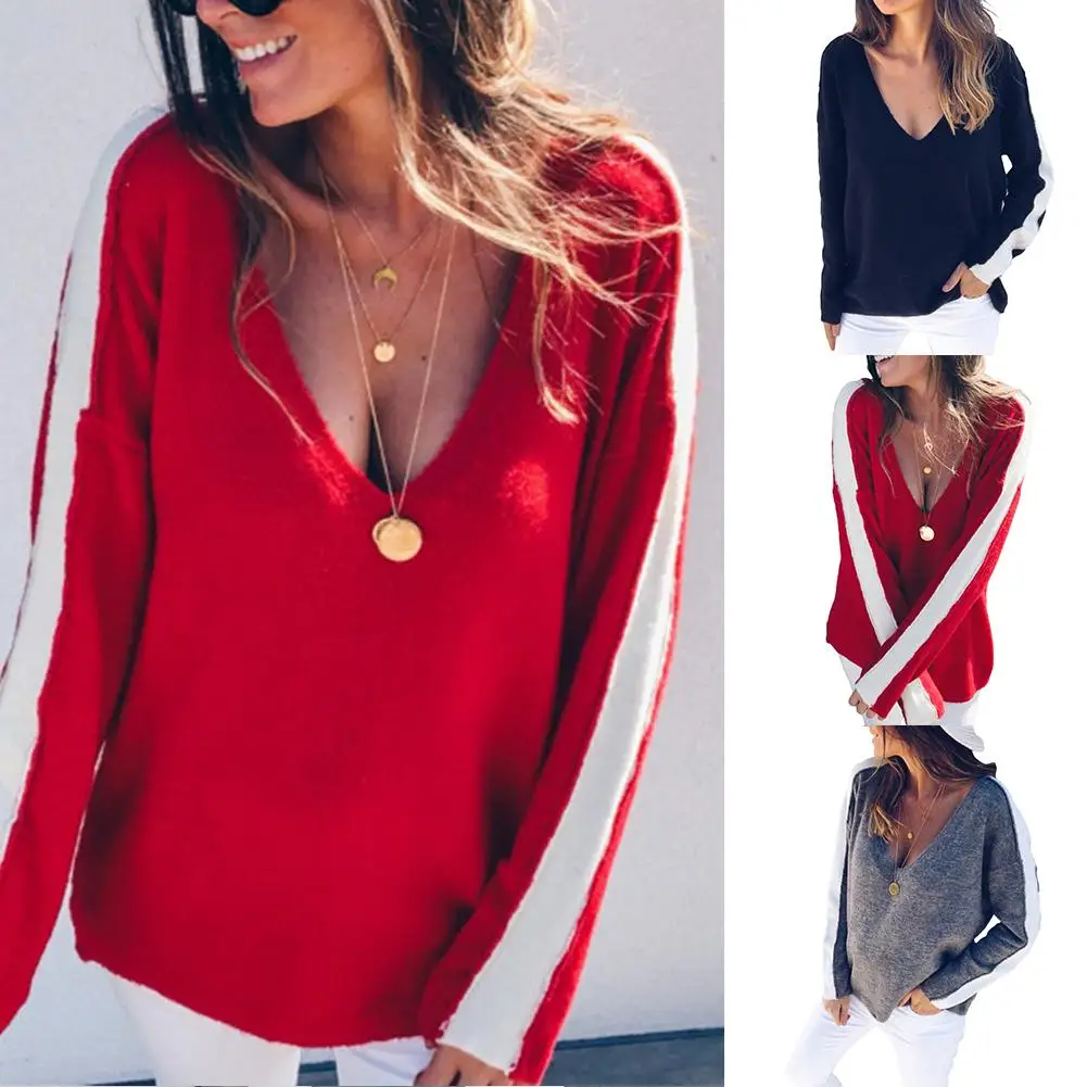 Свитер женский сексуальный глубокий v-образный вырез длинный рукав свитер