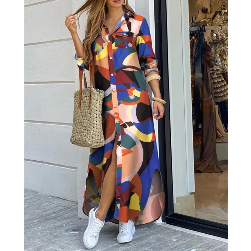 

Spring Autumn Elegant Button Sexy V Enck Women's Shirt Dress Summer Chain Print Party Casual Maxi Beach Lady Long Dress Vestidos