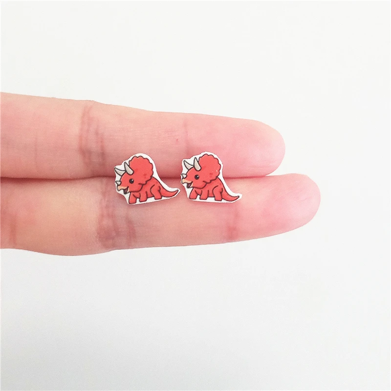 

Matte Cute Dinosaur Stud Earrings Handmade Shrink Plastic Hypoallergenic Acrylic Earring Triceratops Earrings Animal Earrings