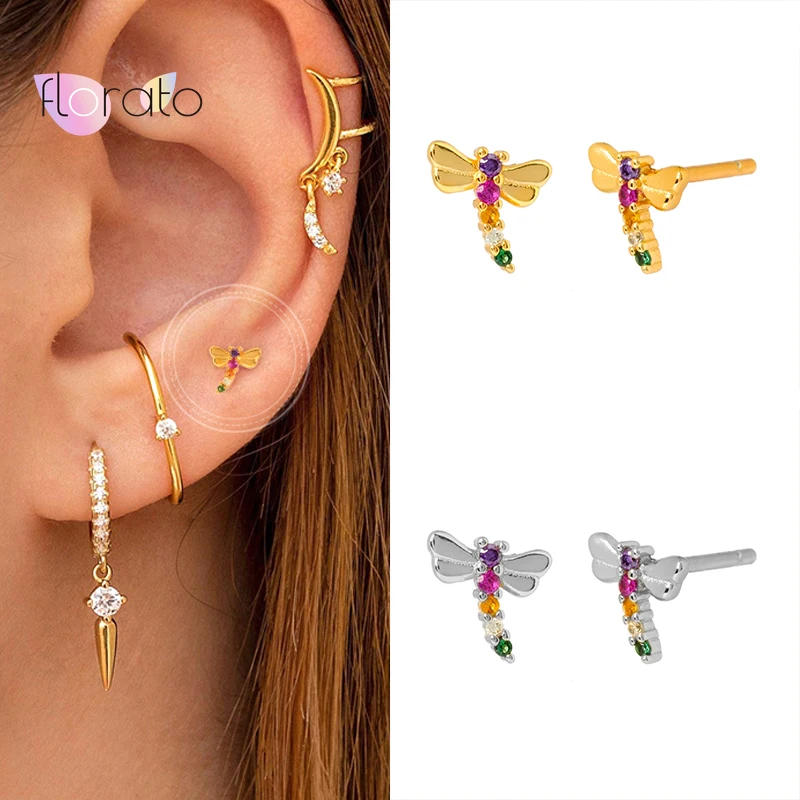 

925 Sterling Silver Ear Needle Tiny Colorful Crystal Stud Earrings Mini Dragonfly Earrings Cute Animal Minimalist INS Jewelry