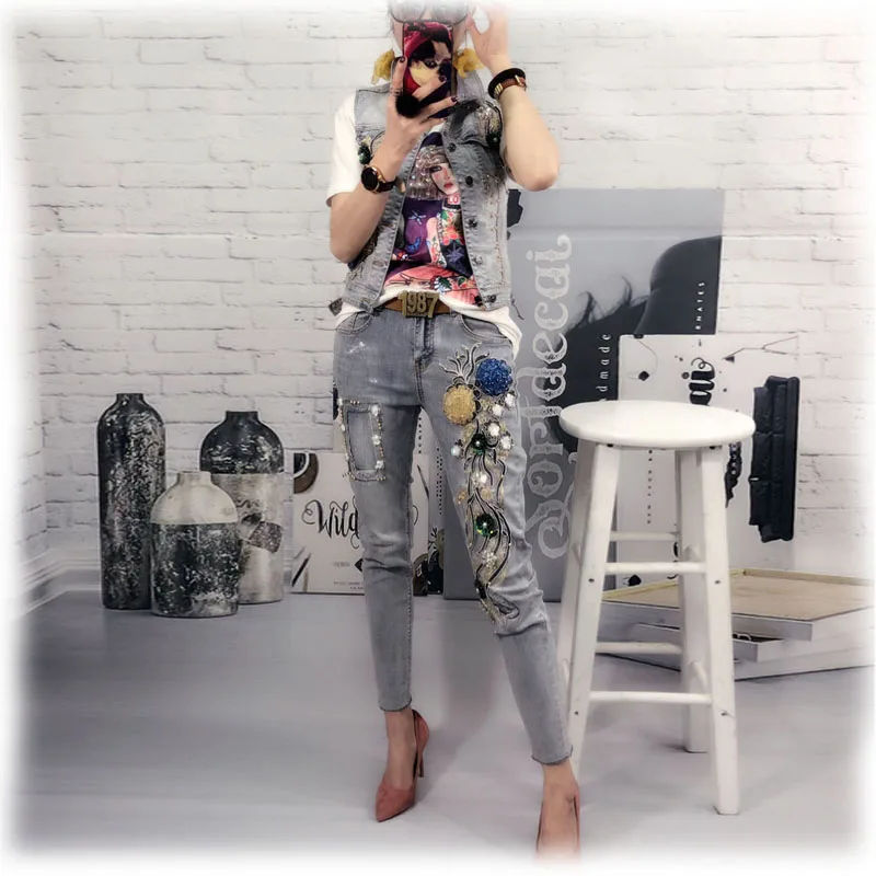 

Denim Vest + Denim Pants Set Women's Twopiece Sets Spring Fall Sleeveless Jacket Waistcoat Jeans Ladies Outfits Mujer 2020