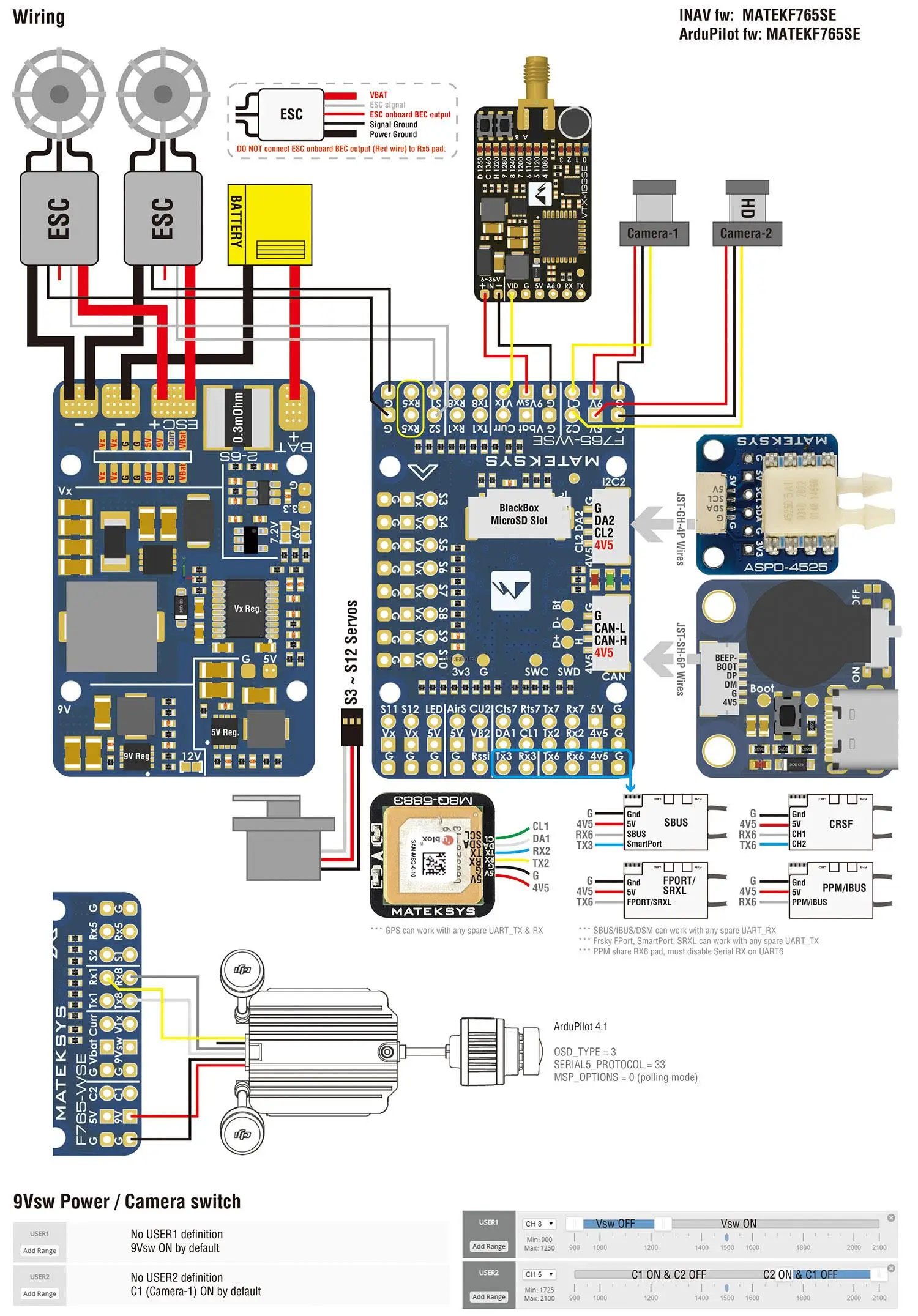 Контроллер полета Matek Systems F765-WSE STM32F765VIH6 встроенное экранное меню 3-8S для