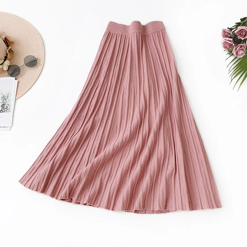 2019 Осенняя Женская трикотажная розовая длинная юбка стрейч с высокой талией