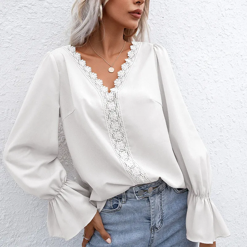

Women's Hollow Out Flare Long Sleeve Blouse Casual V-neck Solid Loose Female Blouses Summer 2021 fashion Elegant Office Lady Top