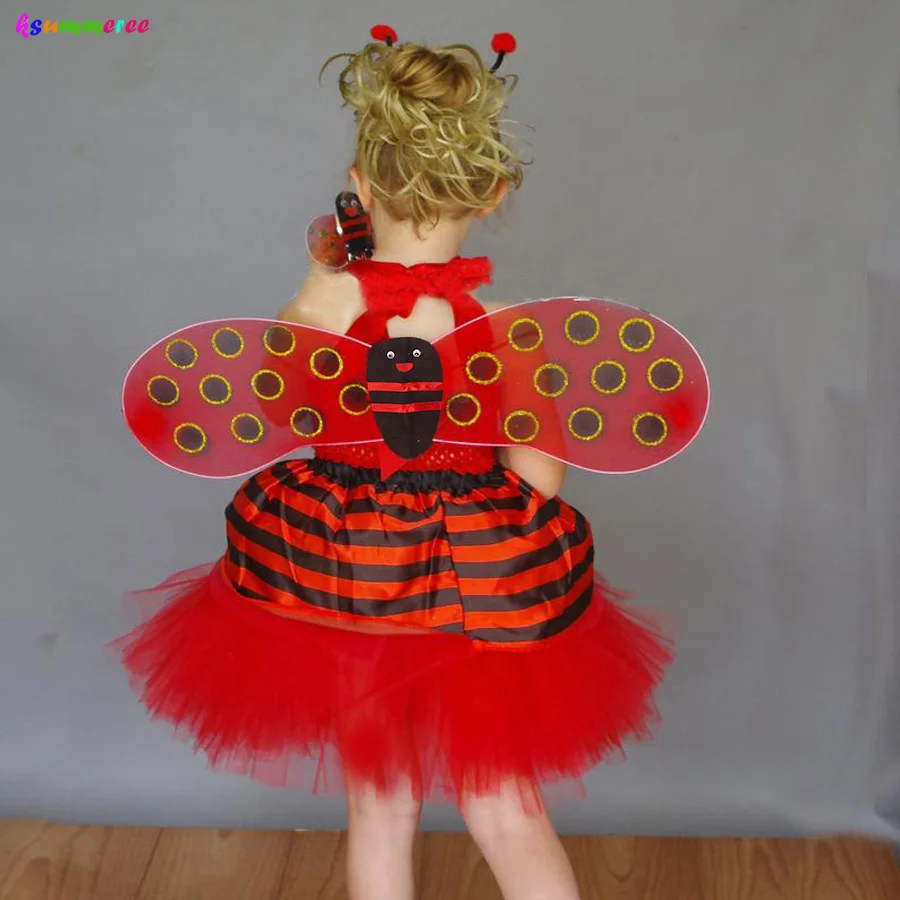 Красно-черное платье-пачка с божьей коровкой для девочек костюм крыльями