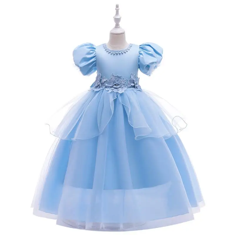 

Girls Princess Dress New SkyBlue Gauze Puff Sleeve Long Skirt Lave Waist Waist Elegant Performance Children Gowns 2-13 Years
