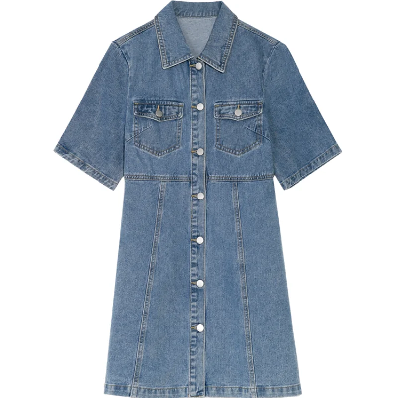 

French Style Denim Dresses for Women 2021 New Spring Summer Retro All-match Short-sleeved Dress Simple Fashion Slim Waist Robe
